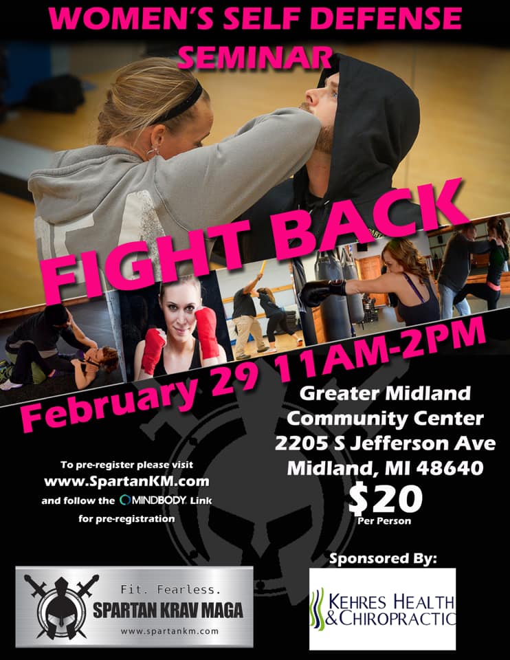 Women's Self Defense Seminar Flier with Female Striking Male